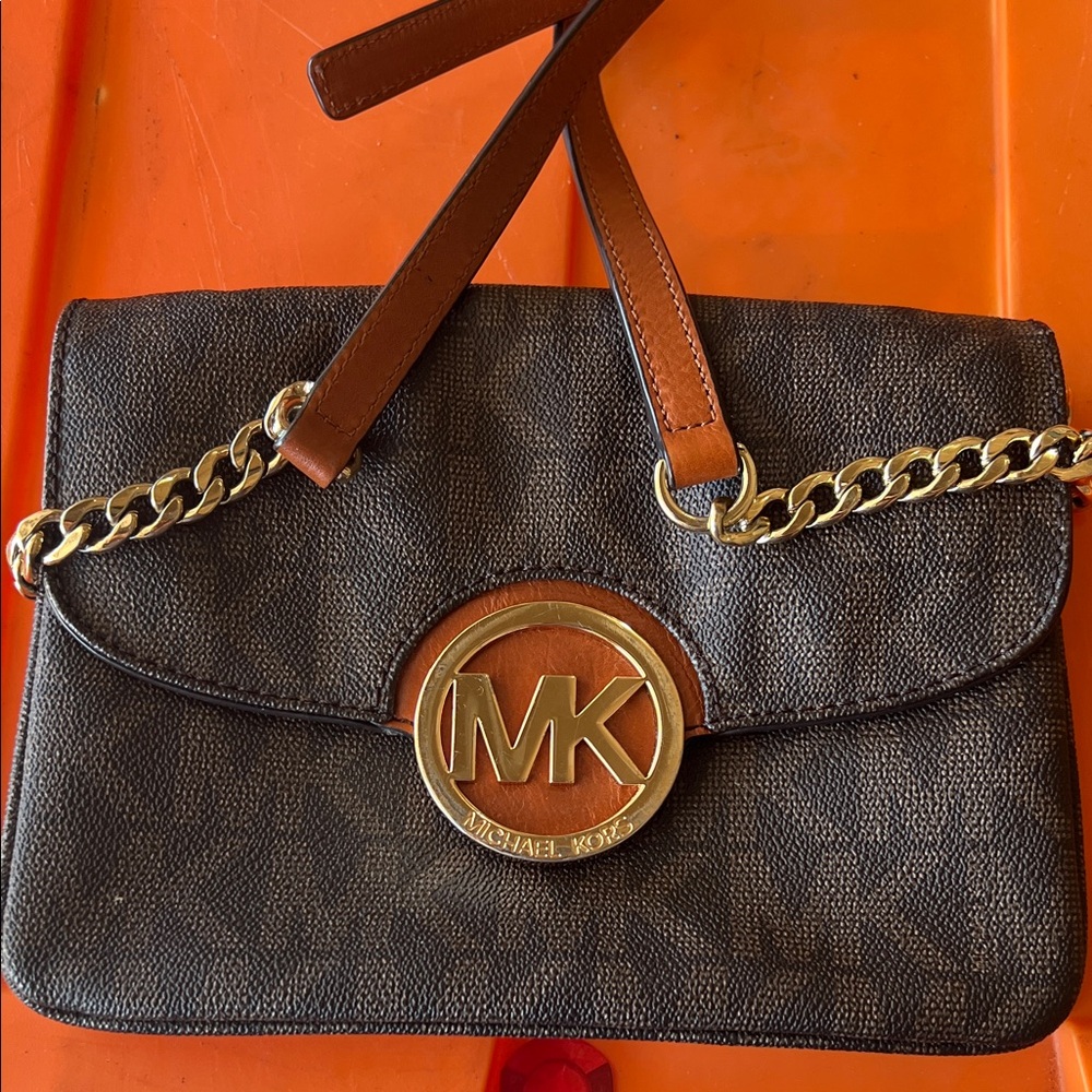 Michael Kors Black and Brown Clutch with Gold Chain